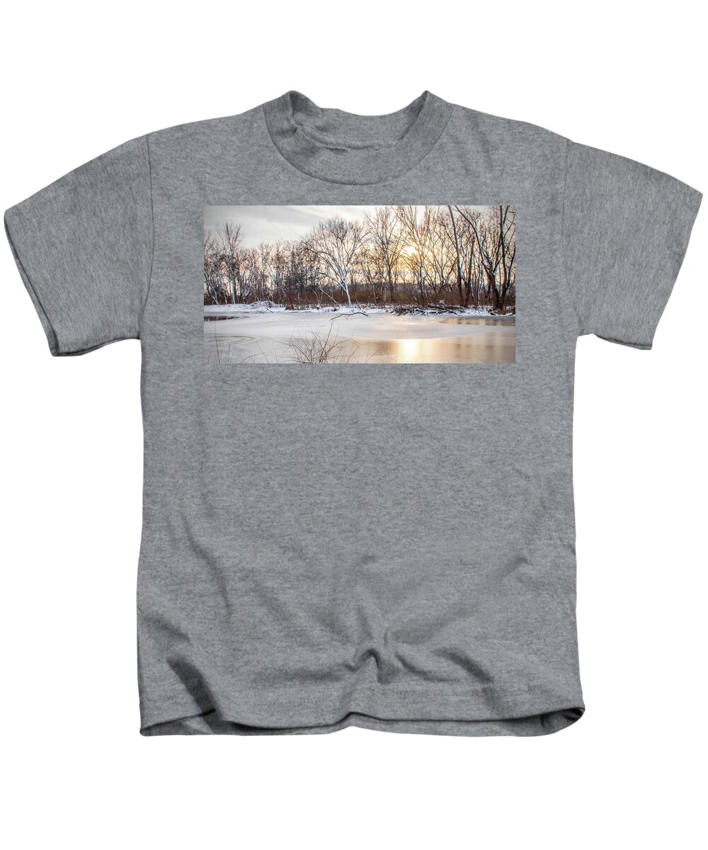 Sunset Kids T-Shirt featuring the photograph Sunset on Frozen Pond by Ira Marcus