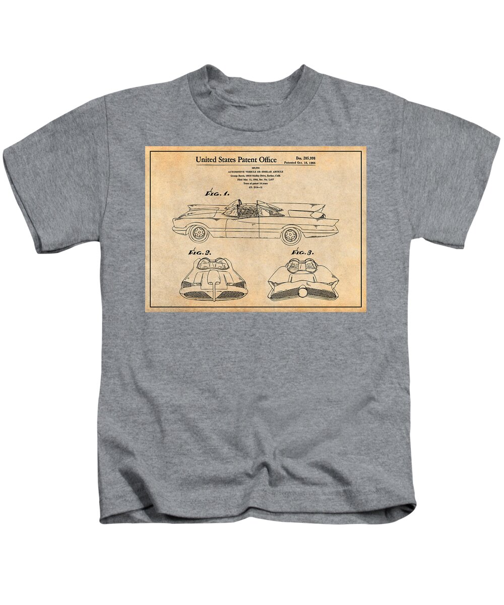 1966 George Barris Batmobile Patent Print Kids T-Shirt featuring the drawing 1966 George Barris Batmobile Antique Paper Patent Print by Greg Edwards