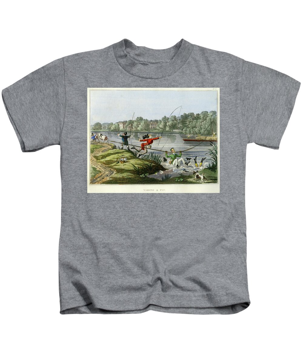 Fishing Kids T-Shirt featuring the mixed media Taking a Fly by unsigned attributed to Edward Barnard