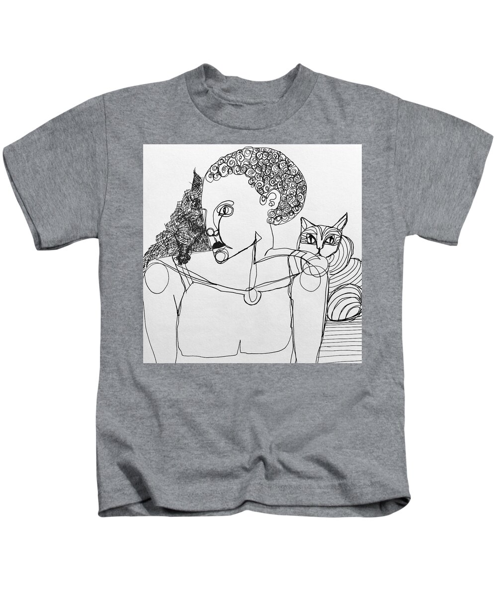 Cats Kids T-Shirt featuring the drawing Telling Secrests by Mary Schiros