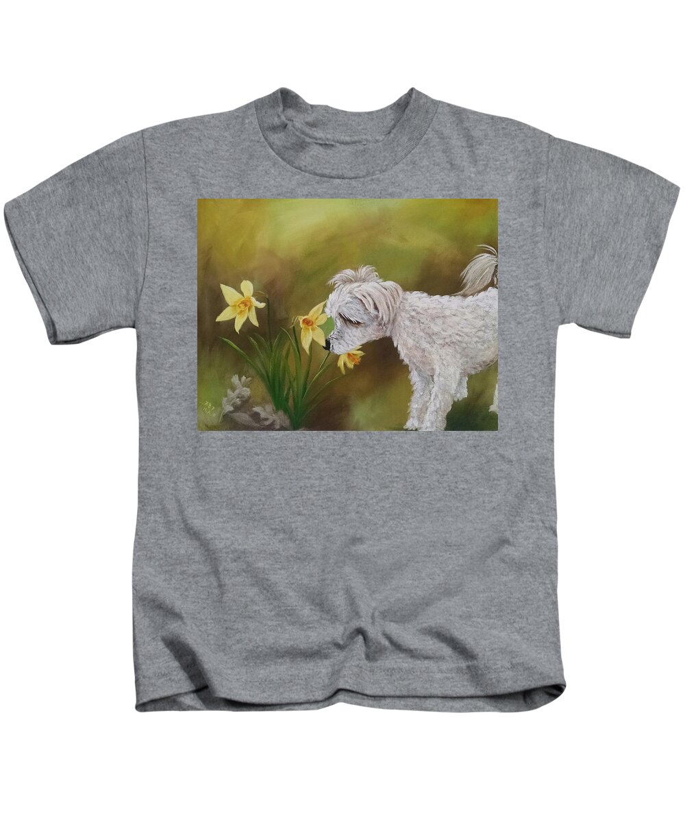 Dog Portrait Kids T-Shirt featuring the painting The Smell of Spring by Helian Cornwell