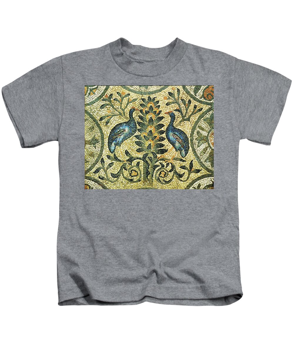 Animal Kids T-Shirt featuring the painting The tree of Life allegory with birds perched on branches mosaic pavement from Basilica Aquileia 4... by Album