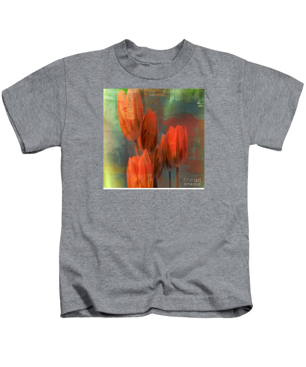 Wall Art Kids T-Shirt featuring the digital art Tulips with Green Background by Karen Francis