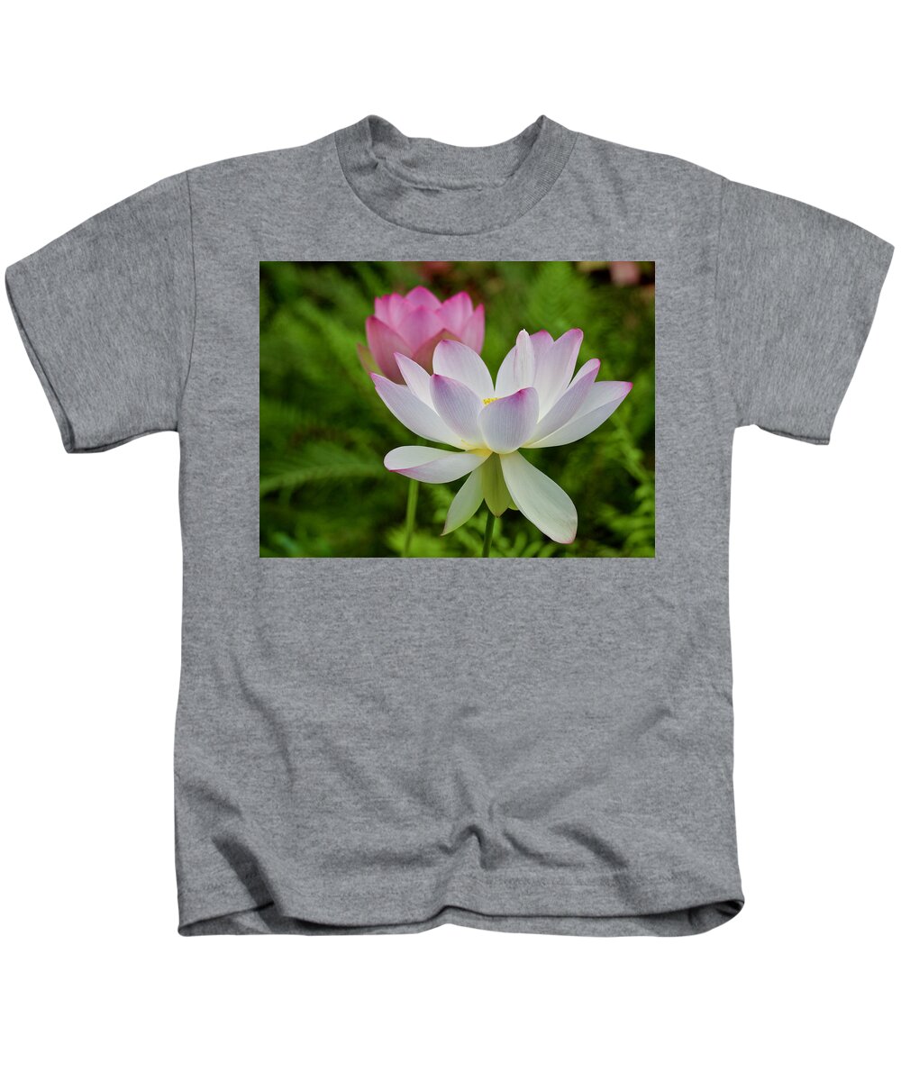 Blossom Kids T-Shirt featuring the photograph Two Pink Lotus Flowers in Bloom by L Bosco