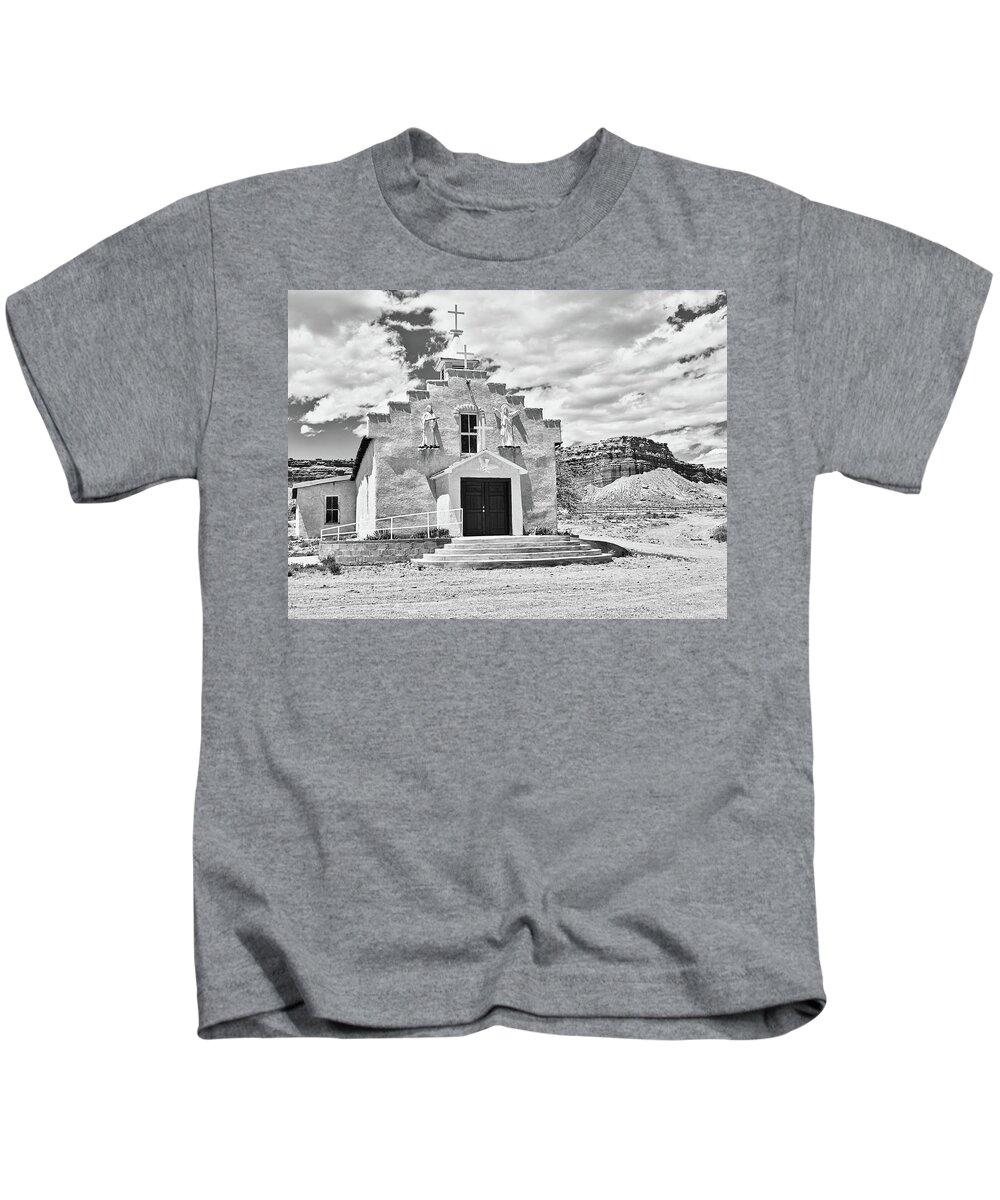 Cabezon Kids T-Shirt featuring the photograph Village church 1, New Mexico, BW by Segura Shaw Photography