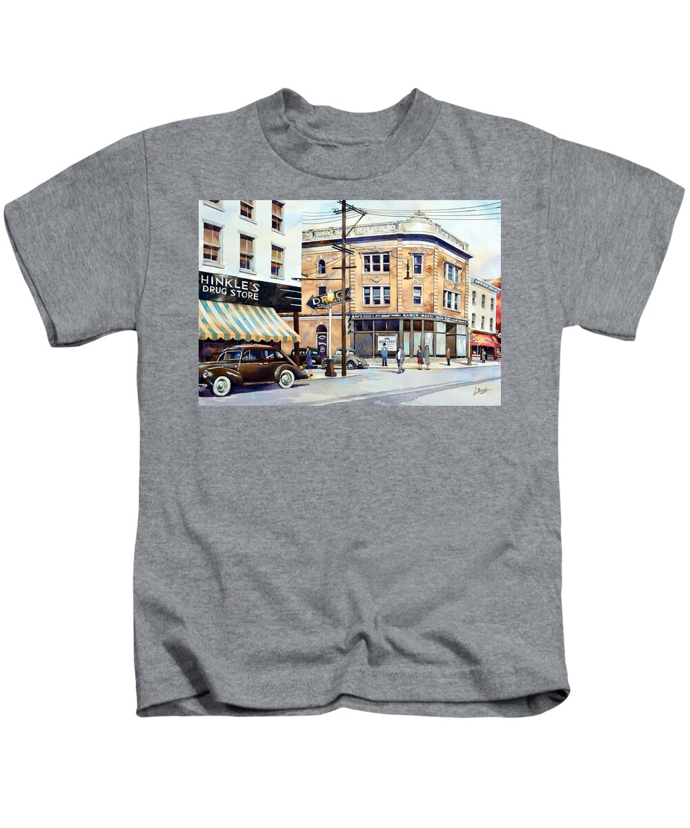 #landscape #watercolor #cityscape #fineart #painting #vintage #americana Kids T-Shirt featuring the painting Vintage Color, Hinkle's by Mick Williams