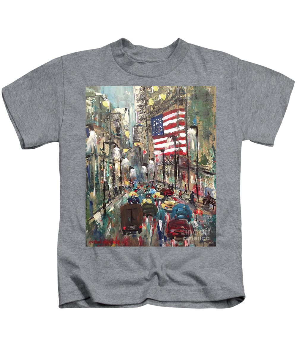 Wall Street New York American Flag Cars Traffic People Lights Buildings Manhattan Money Finance Print Acrylic Painting Blue Red Evening Stores Kids T-Shirt featuring the painting wall street NY by Miroslaw Chelchowski