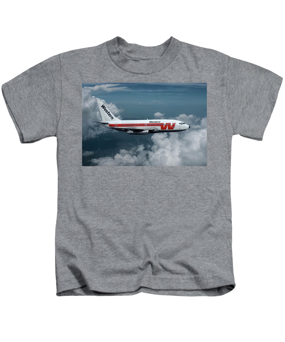 Western Airlines Kids T-Shirt featuring the mixed media Western Airlines Boeing 737-247 by Erik Simonsen