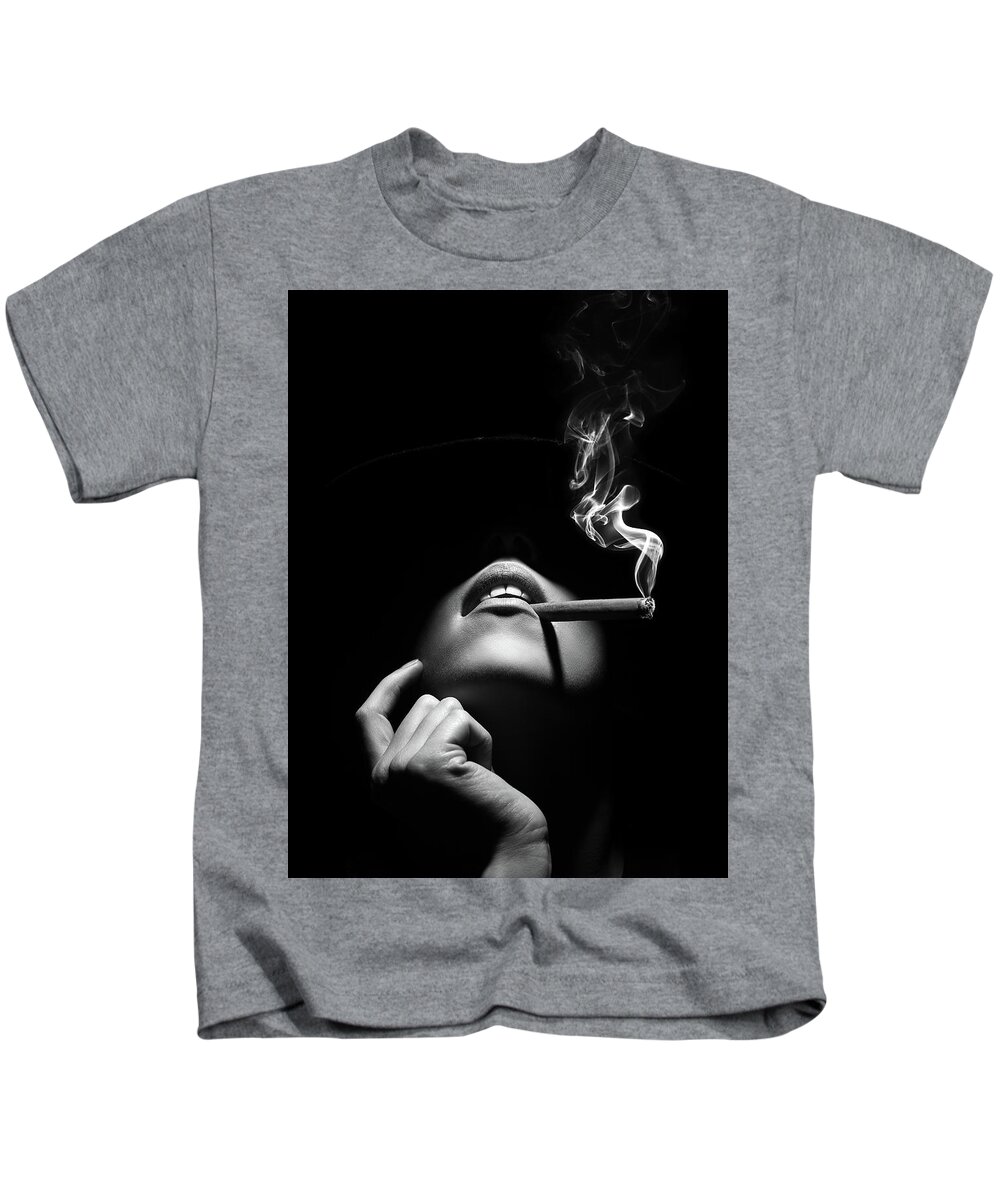 #faatoppicks Kids T-Shirt featuring the photograph Woman smoking a cigar by Johan Swanepoel