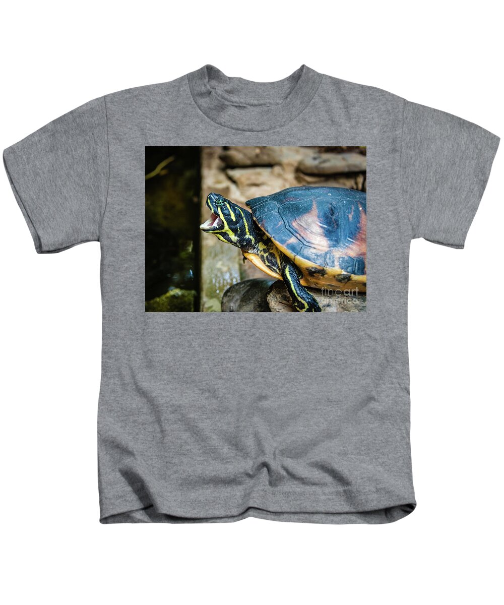 Turtle Kids T-Shirt featuring the photograph Yawning black and yellow water turtle by Lyl Dil Creations