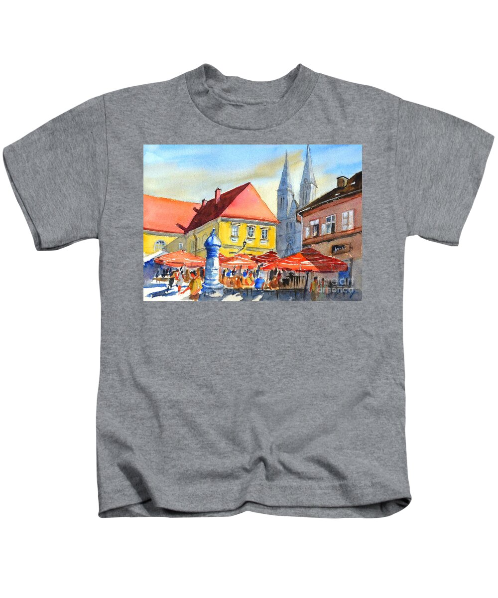 Zagreb Cathedral Kids T-Shirt featuring the painting Zagreb near Dolce Market by Betty M M Wong