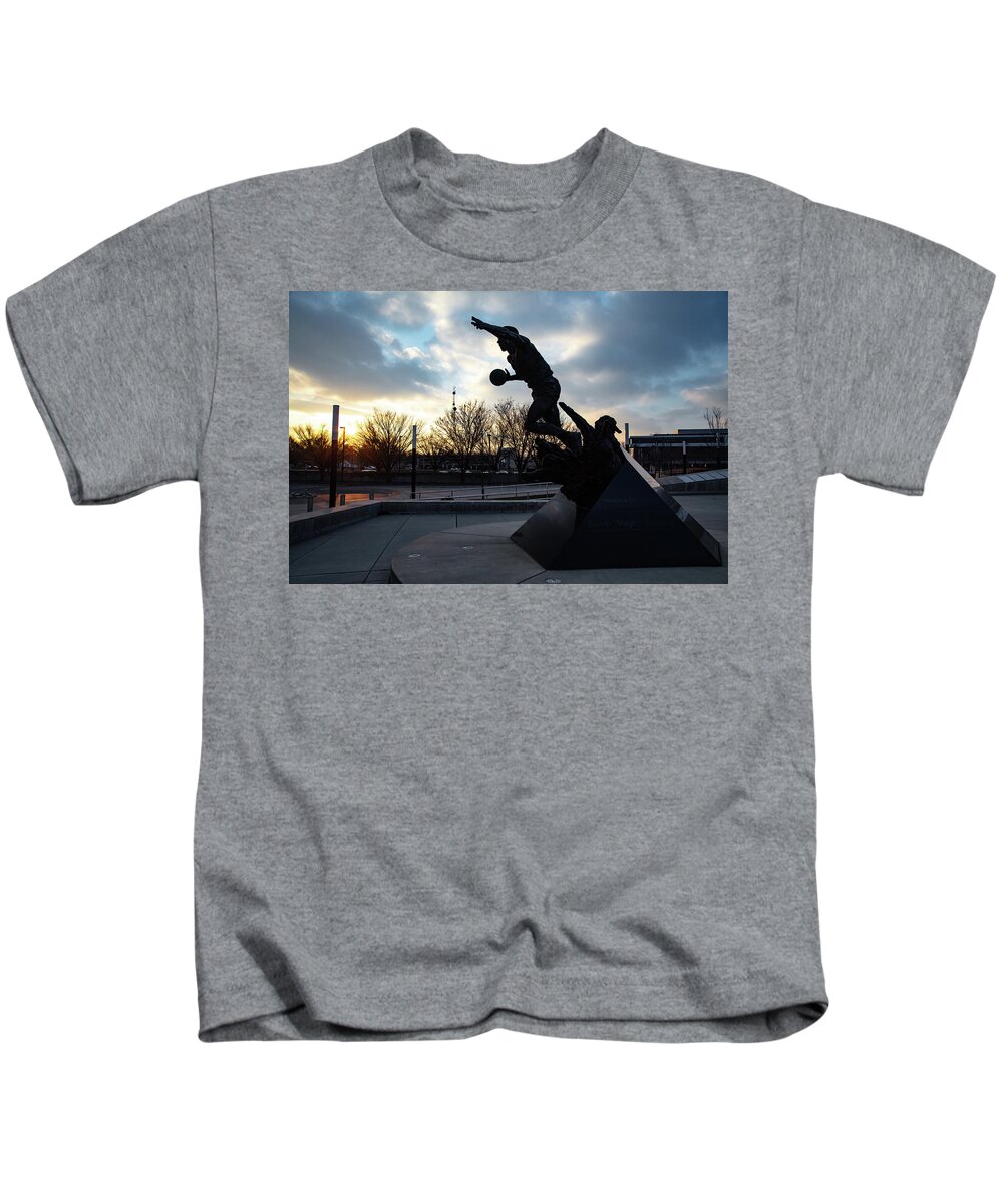 Msu Spartans Kids T-Shirt featuring the photograph Earvin Magic Johnson statue at sunset at Michigan State University by Eldon McGraw