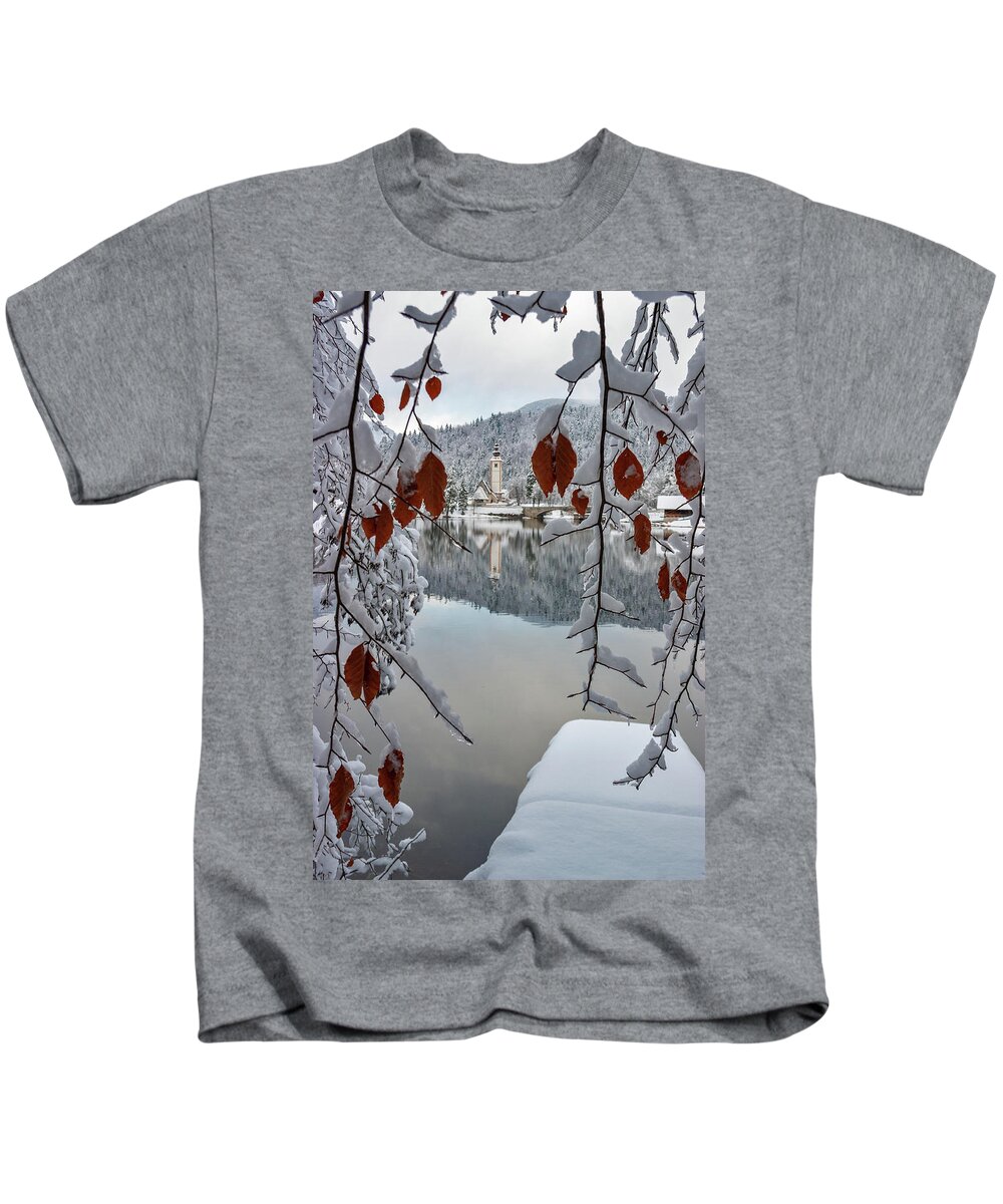 Winter Kids T-Shirt featuring the photograph Lake Bohinj in winter #1 by Ian Middleton