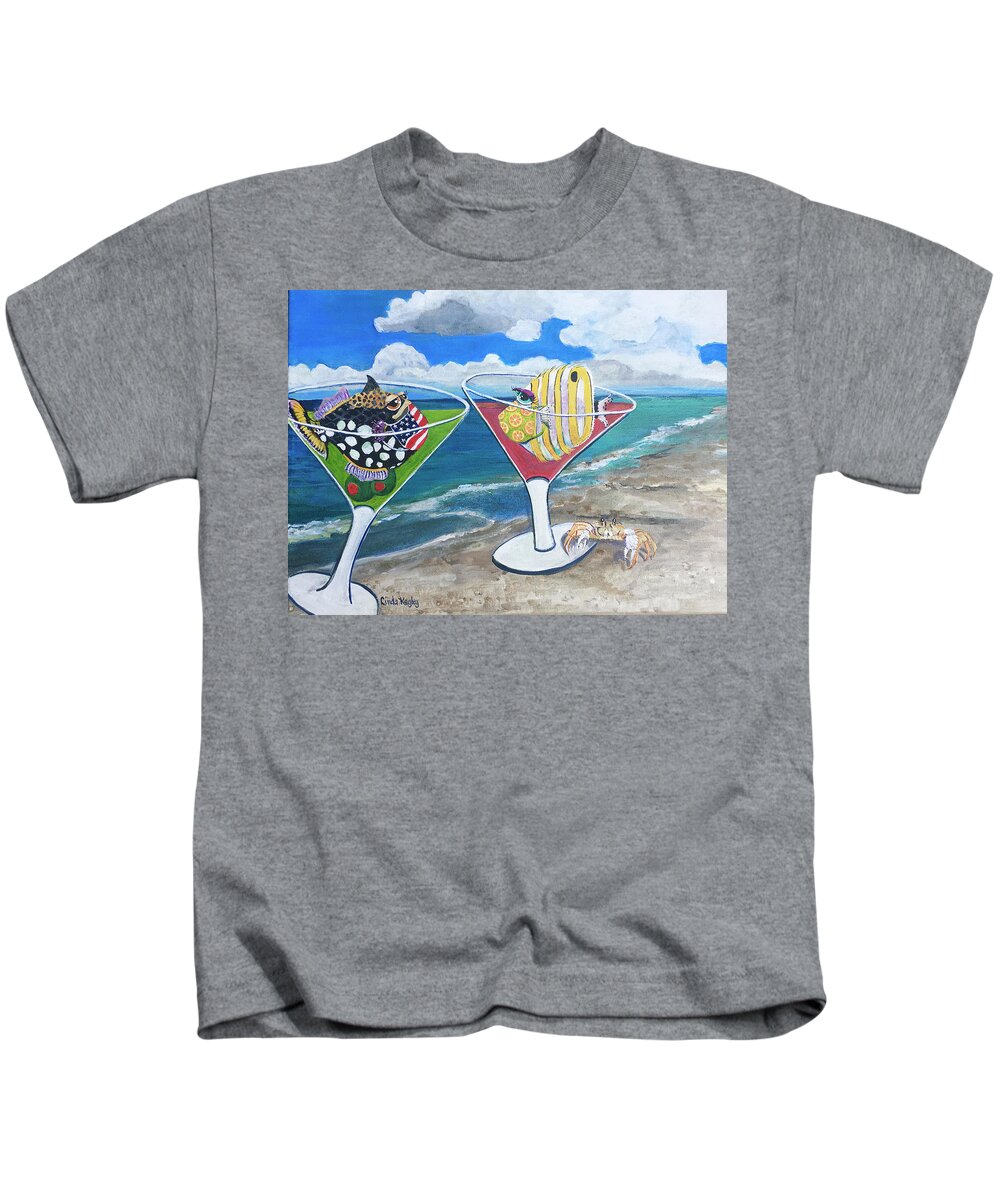 Quarantini Kids T-Shirt featuring the painting Quarantini Beach Day #1 by Linda Kegley