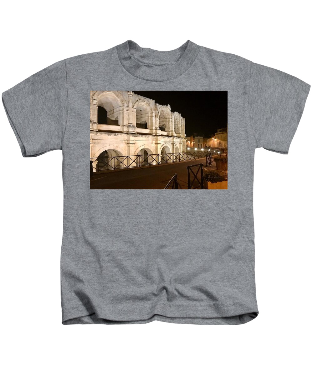 Roman Kids T-Shirt featuring the photograph Arles Roman Arena at Night by Donna Martin