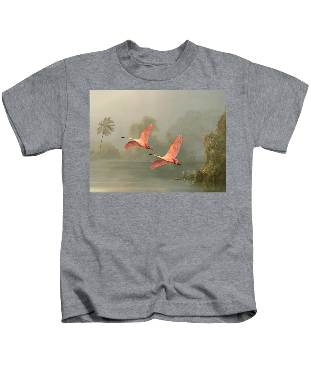 Birds Kids T-Shirt featuring the digital art Roseate Spoonbills Aloft by M Spadecaller