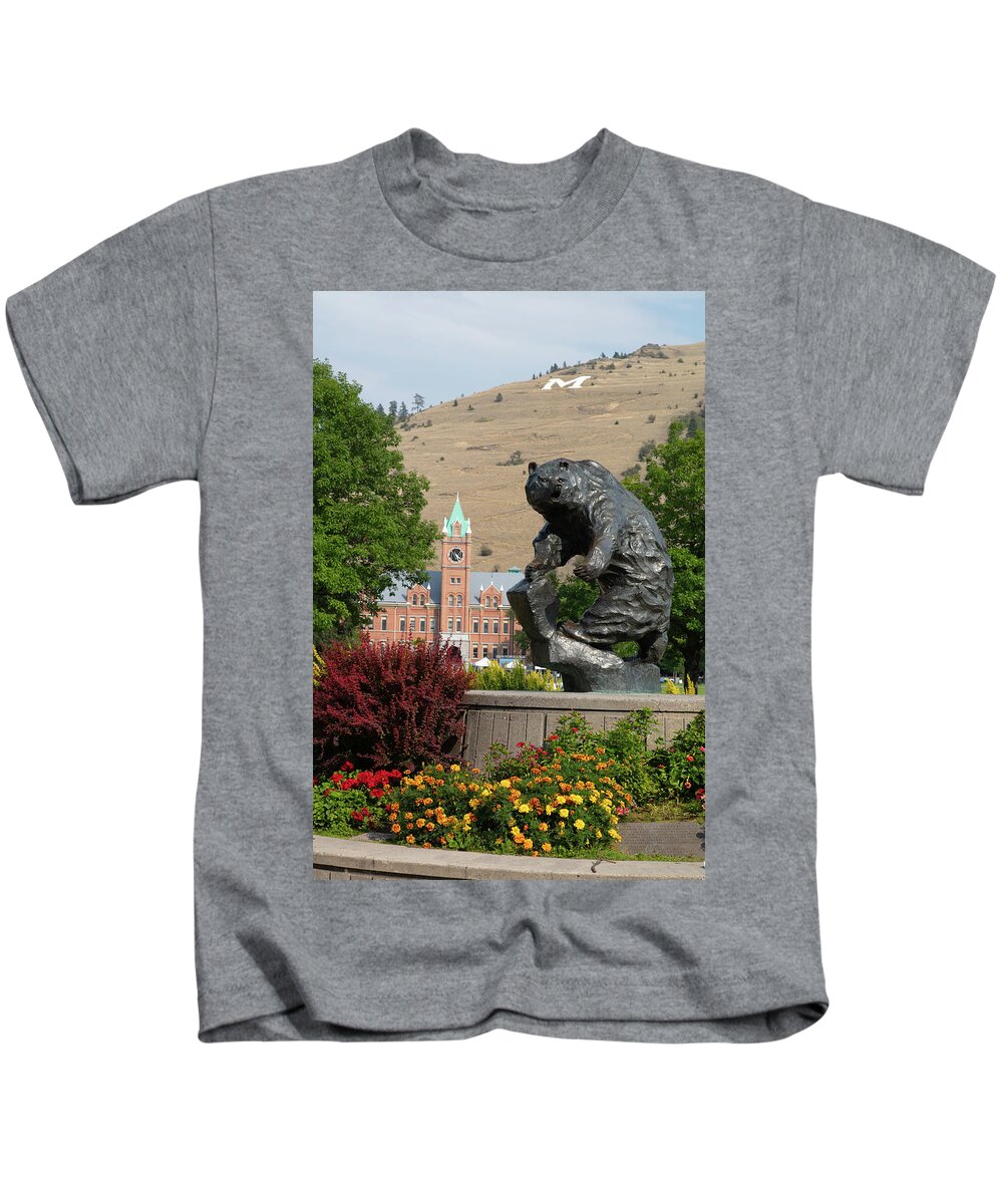 Grizzlies Kids T-Shirt featuring the photograph The Grizzly statue at the University of Montana - Grand Griz by Eldon McGraw