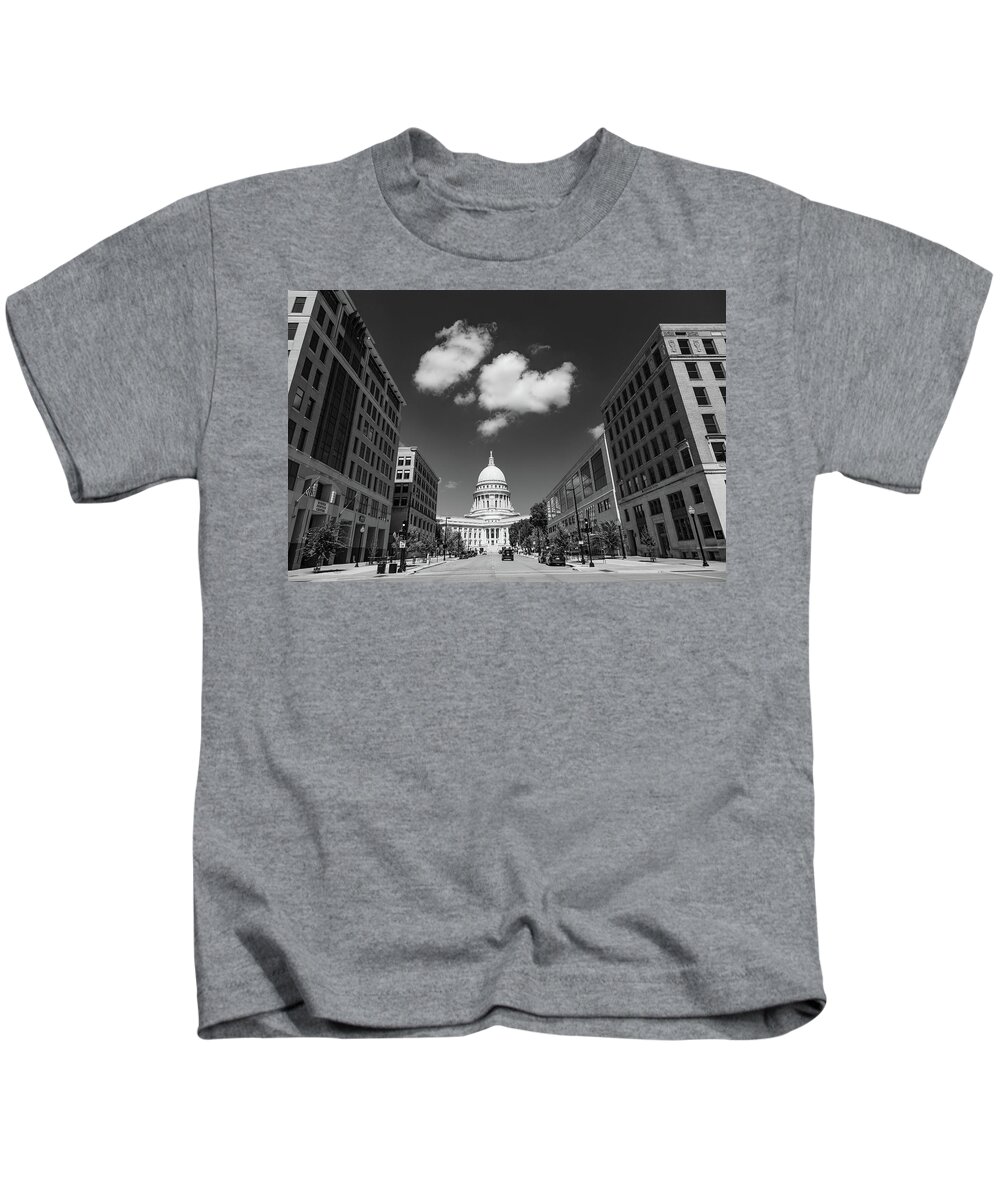 United States Of America Kids T-Shirt featuring the photograph Wisconsin state capitol building in Madison Wisconsin in black and white #4 by Eldon McGraw