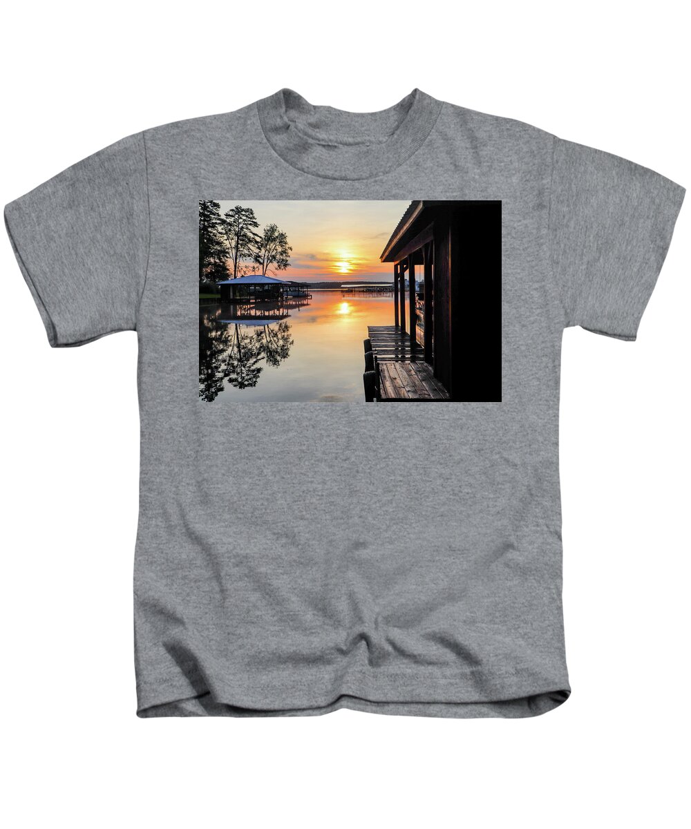 Sunrise Kids T-Shirt featuring the photograph A Boathouse Side Sunrise by Ed Williams