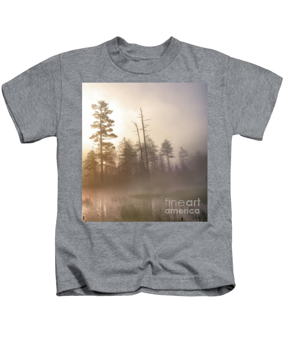 New Day Kids T-Shirt featuring the photograph A foggy Adirondack morning by Rehna George