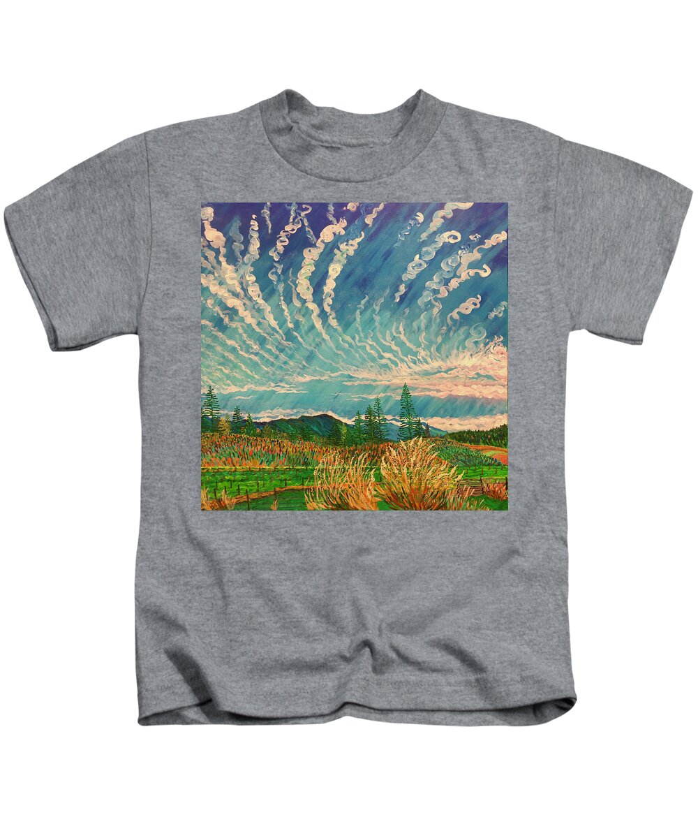 Vineyard Kids T-Shirt featuring the painting Tranquility on Lone Pine Ridge. Booneville, California. by ArtStudio Mateo