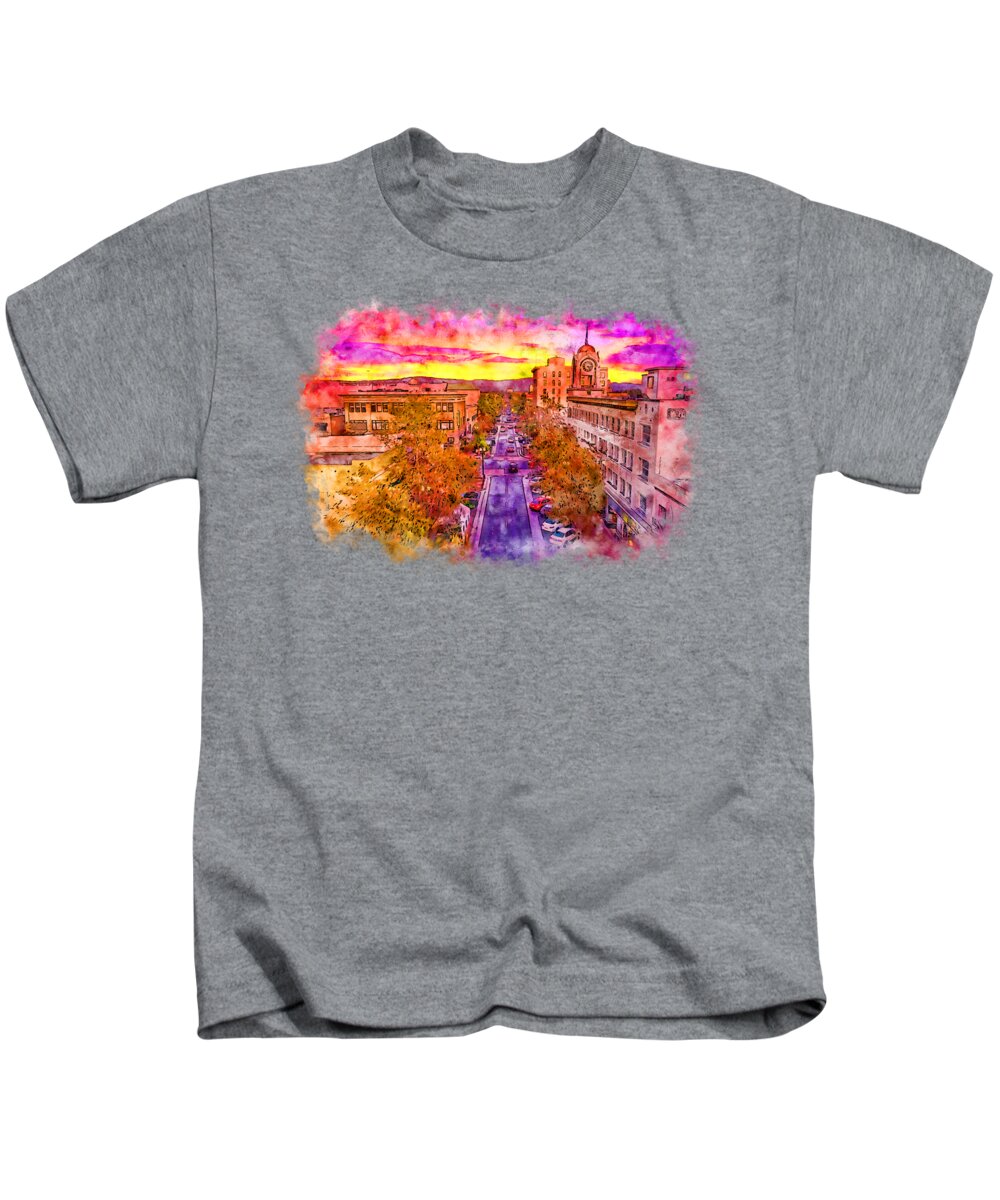 W 4th Street Kids T-Shirt featuring the digital art Aerial view of W 4th Street in downtown Santa Ana - pen and watercolor by Nicko Prints