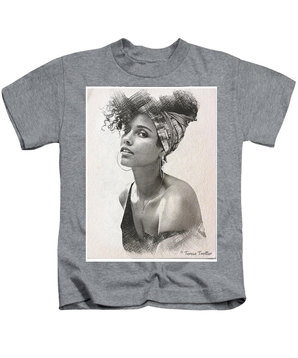 Alicia Keys Kids T-Shirt featuring the drawing Alicia Keys Sketch by Teresa Trotter