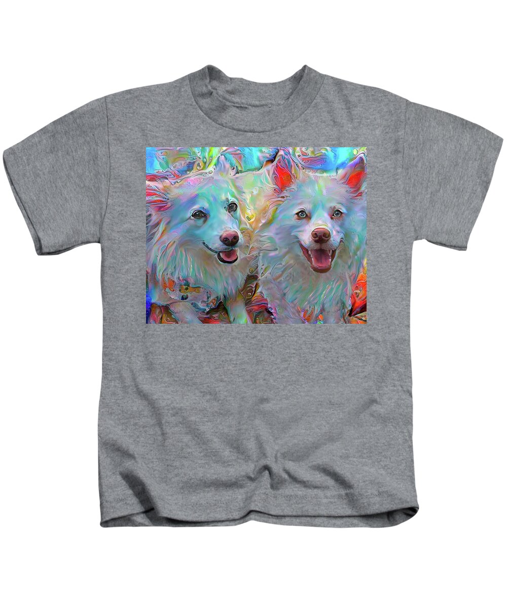 Eskimo Dogs Kids T-Shirt featuring the mixed media American Eskimo Dogs - Koki and Bizzy by Peggy Collins