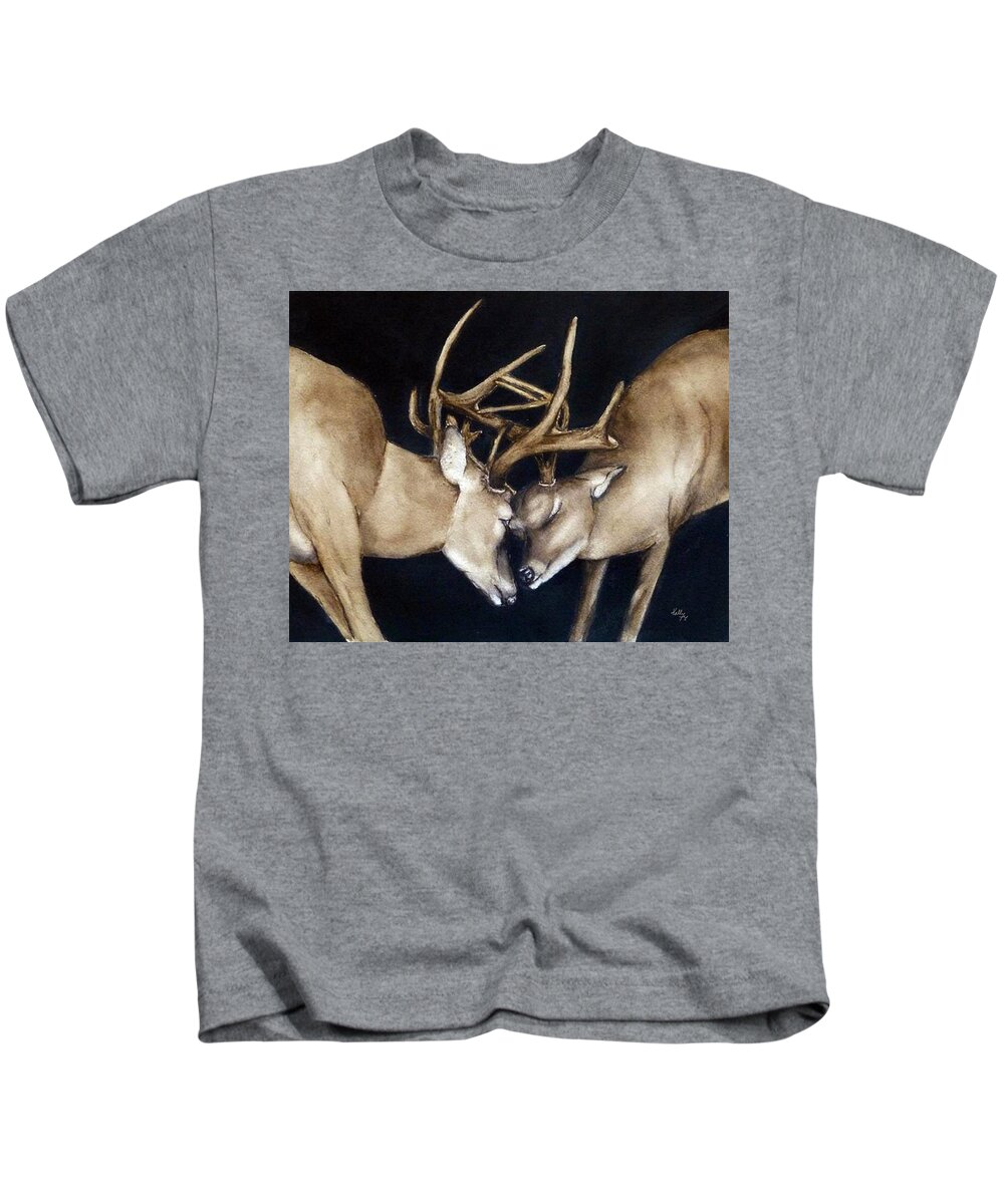 Buck Deers Kids T-Shirt featuring the painting Antlers Shuffle by Kelly Mills