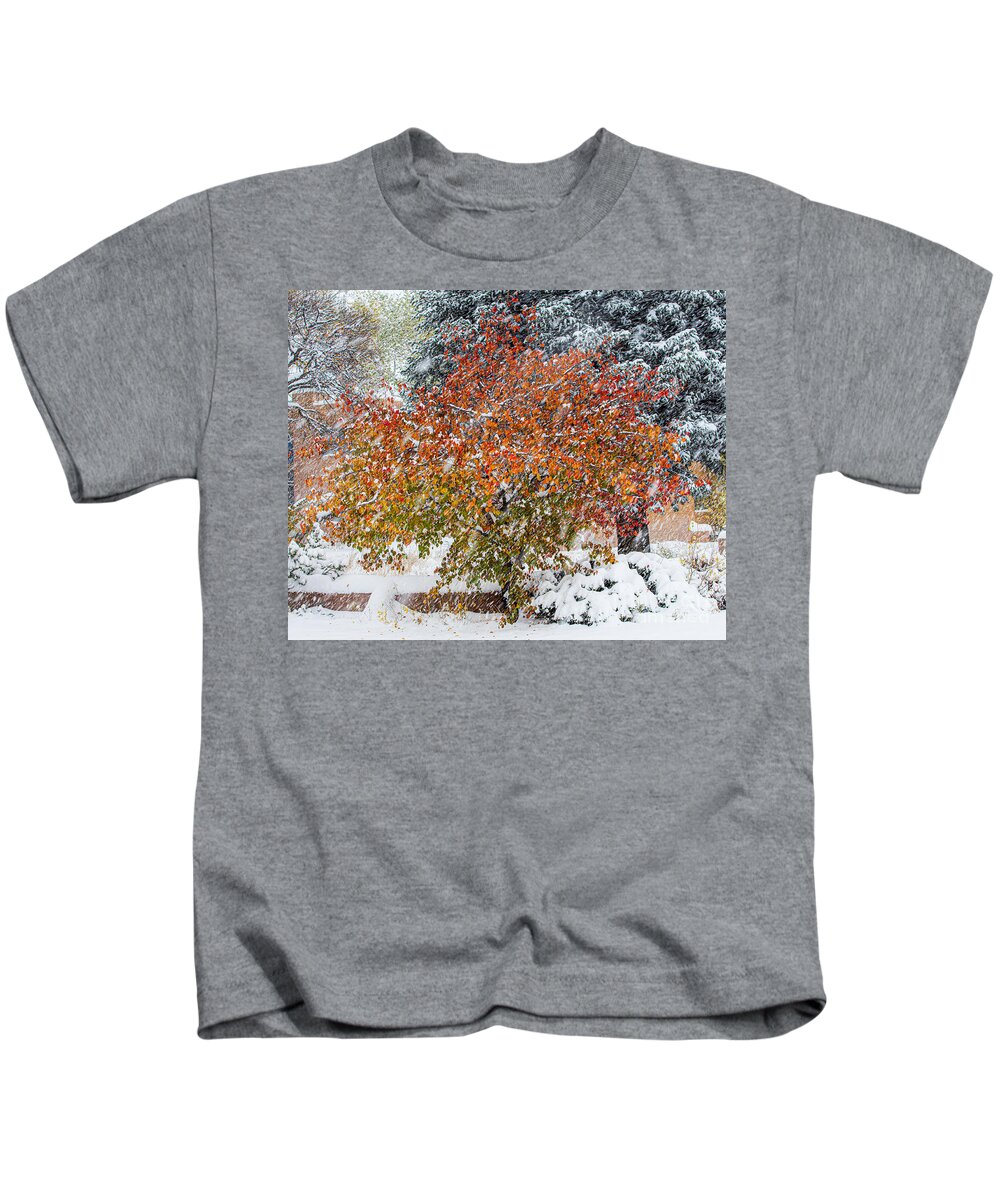 Taos Kids T-Shirt featuring the photograph Apricot Tree in a Winter Storm by Elijah Rael