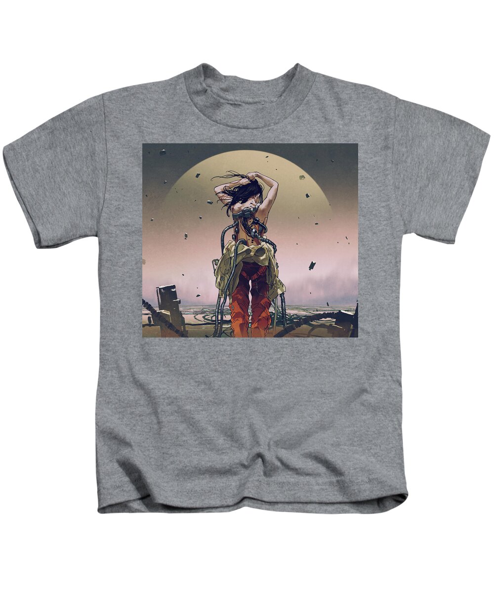 Illustration Kids T-Shirt featuring the painting Solar Charging Cyborg by Tithi Luadthong