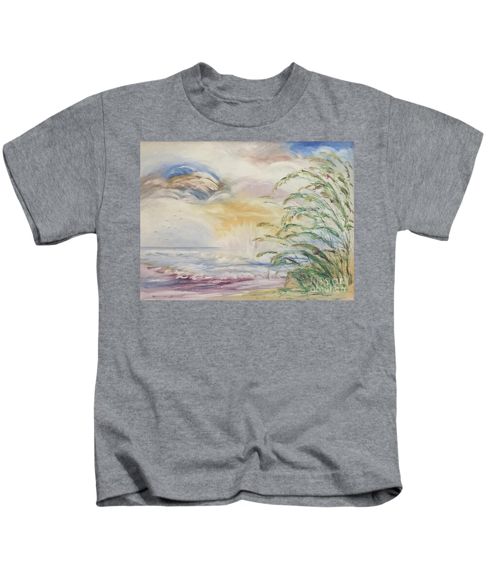 Oil Painting Kids T-Shirt featuring the painting Impressionistic Seascape Oil Painting of Atlantic Sea Oats by Catherine Ludwig Donleycott