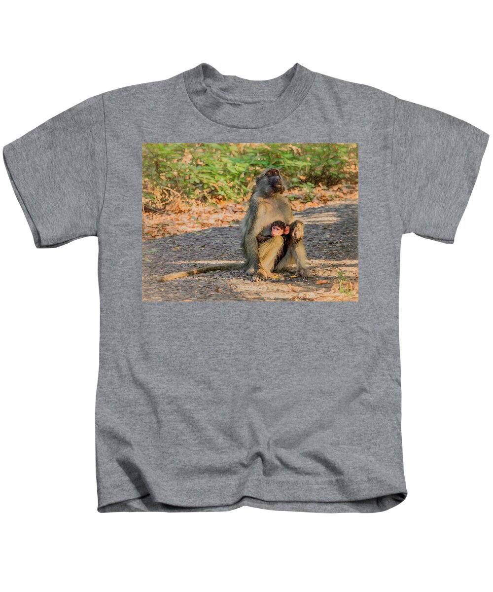 Baboon Kids T-Shirt featuring the photograph Baboon Mama and Baby in Zimbabwe by Marcy Wielfaert