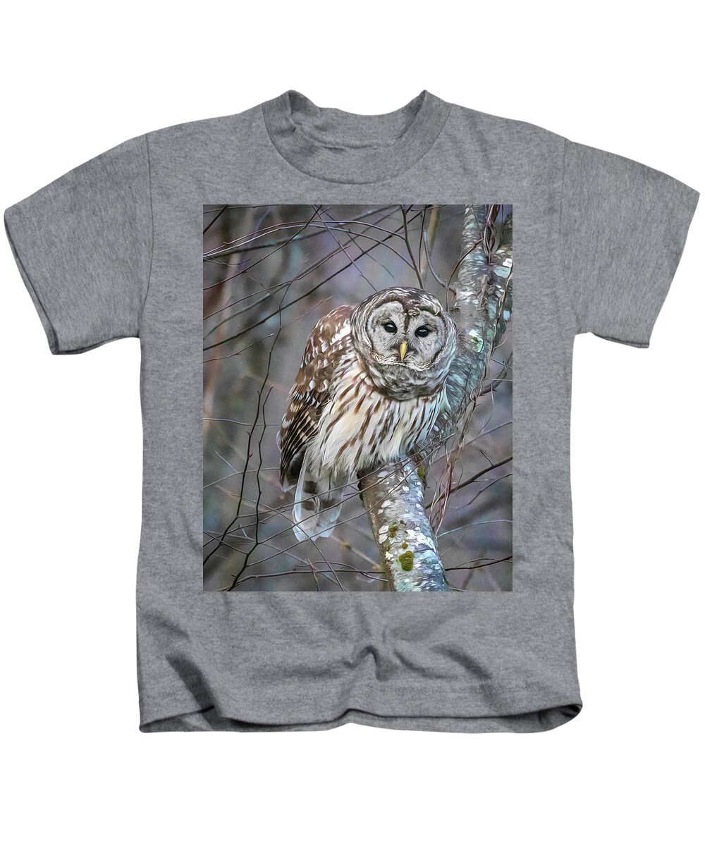 Barred Owl Kids T-Shirt featuring the photograph Barred Owl in the Woods by Jaki Miller