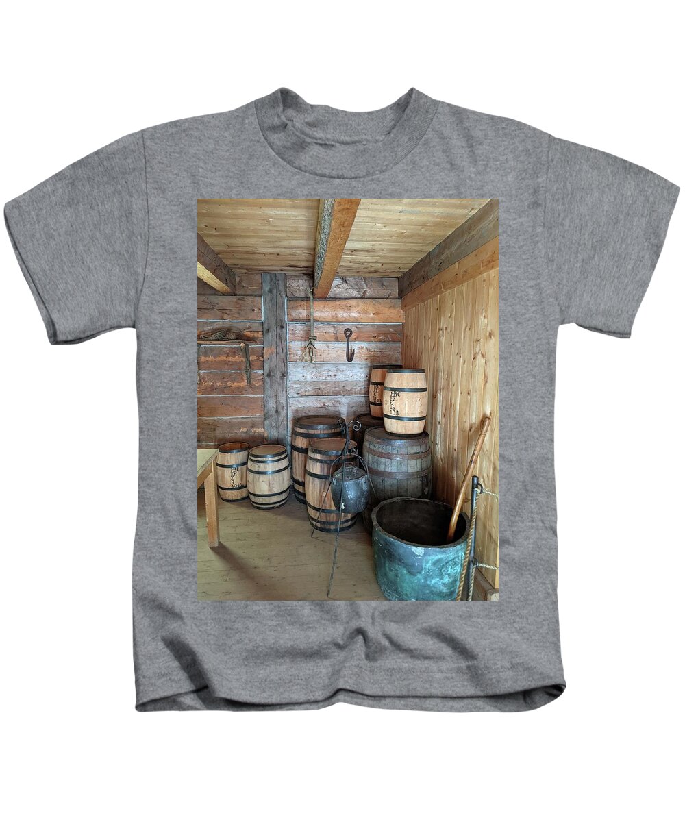 Barrels Kids T-Shirt featuring the photograph Barrels at Fort Edmonton by Lisa Mutch