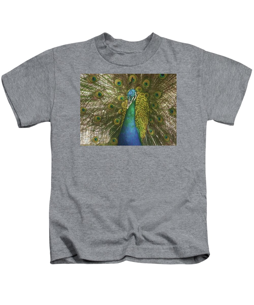 Peacock Kids T-Shirt featuring the mixed media Be a Peacock by Rebecca Herranen