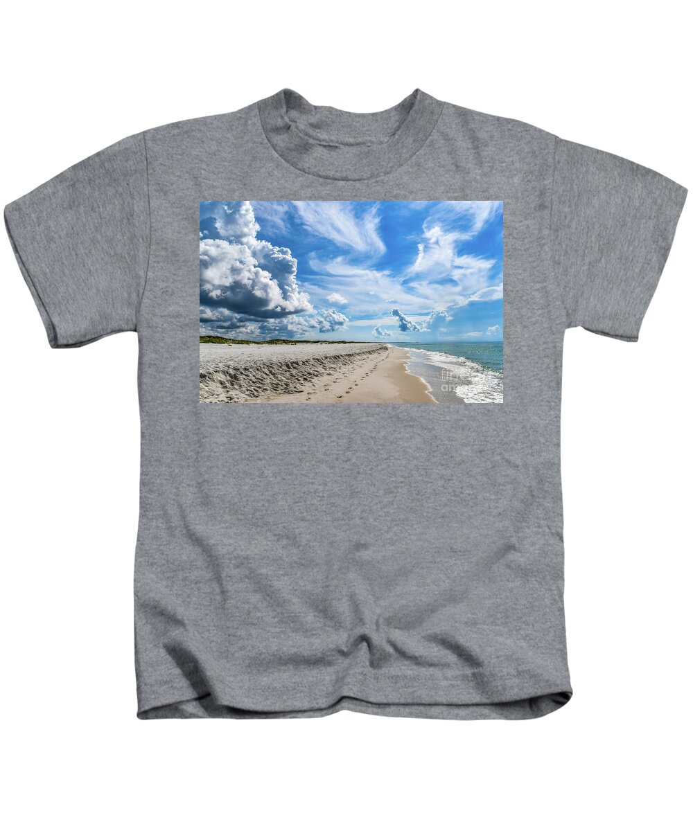 Footprints Kids T-Shirt featuring the photograph Beautiful Beach with Footprints in the Sand by Beachtown Views
