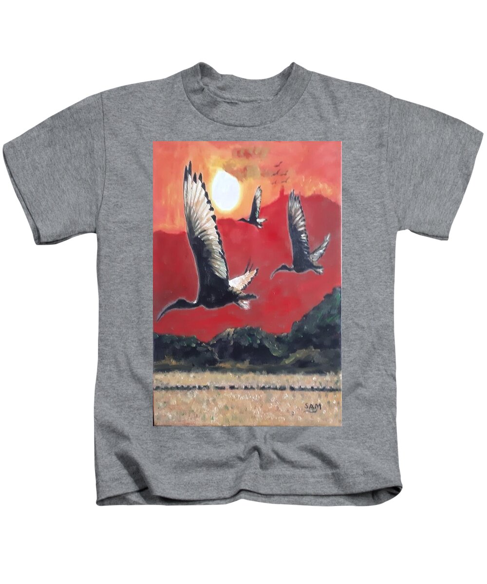 Dinosaur Era Kids T-Shirt featuring the painting Birds of Prey from the Dinosaur Era by Sam Shaker