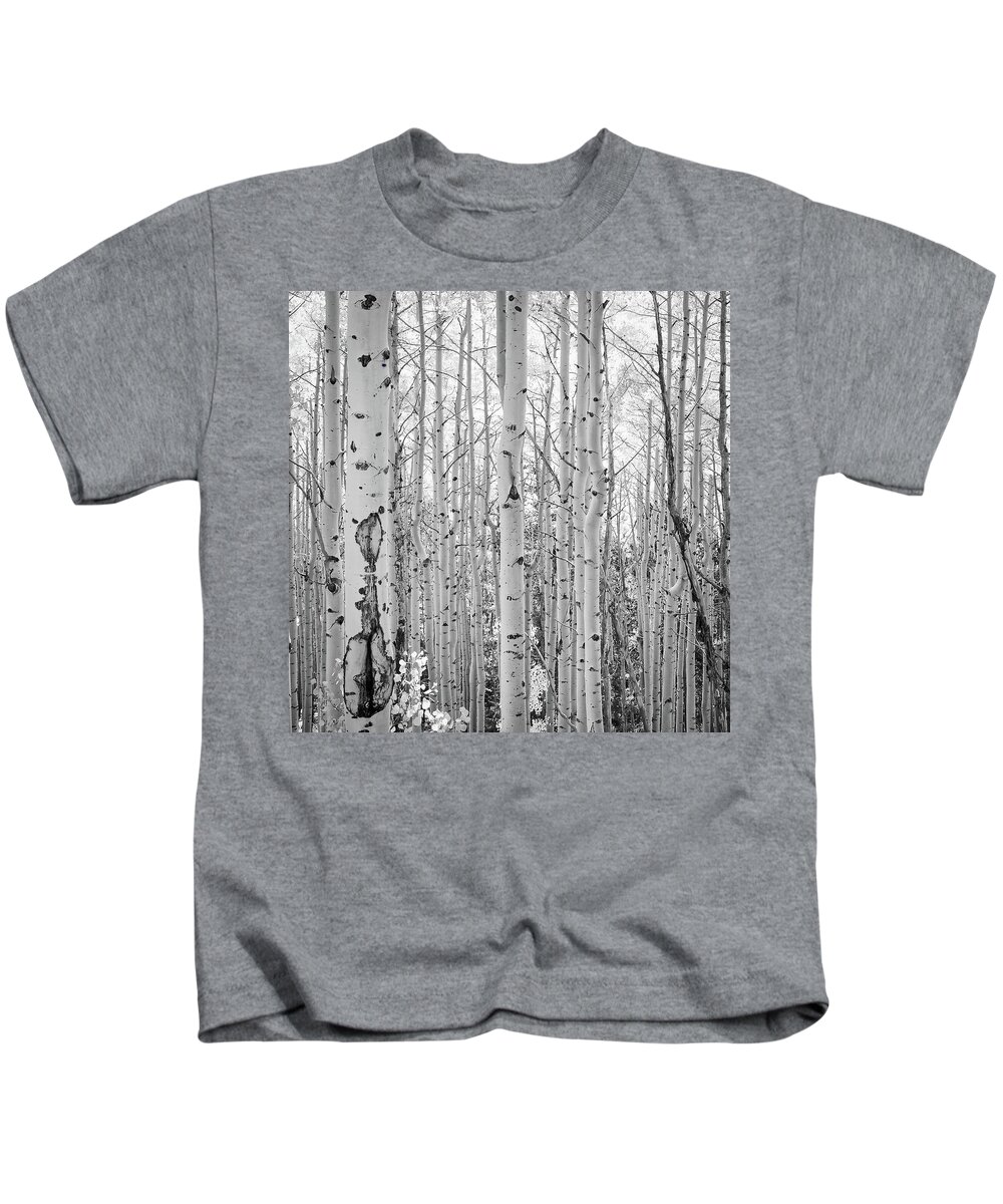 Black And White Kids T-Shirt featuring the photograph Black and White Aspen Grove by Rebecca Herranen