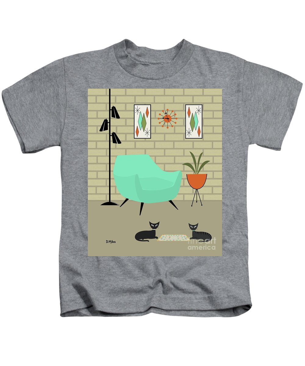 Mid Century Room Kids T-Shirt featuring the digital art Cats Play Scrabble Game by Donna Mibus