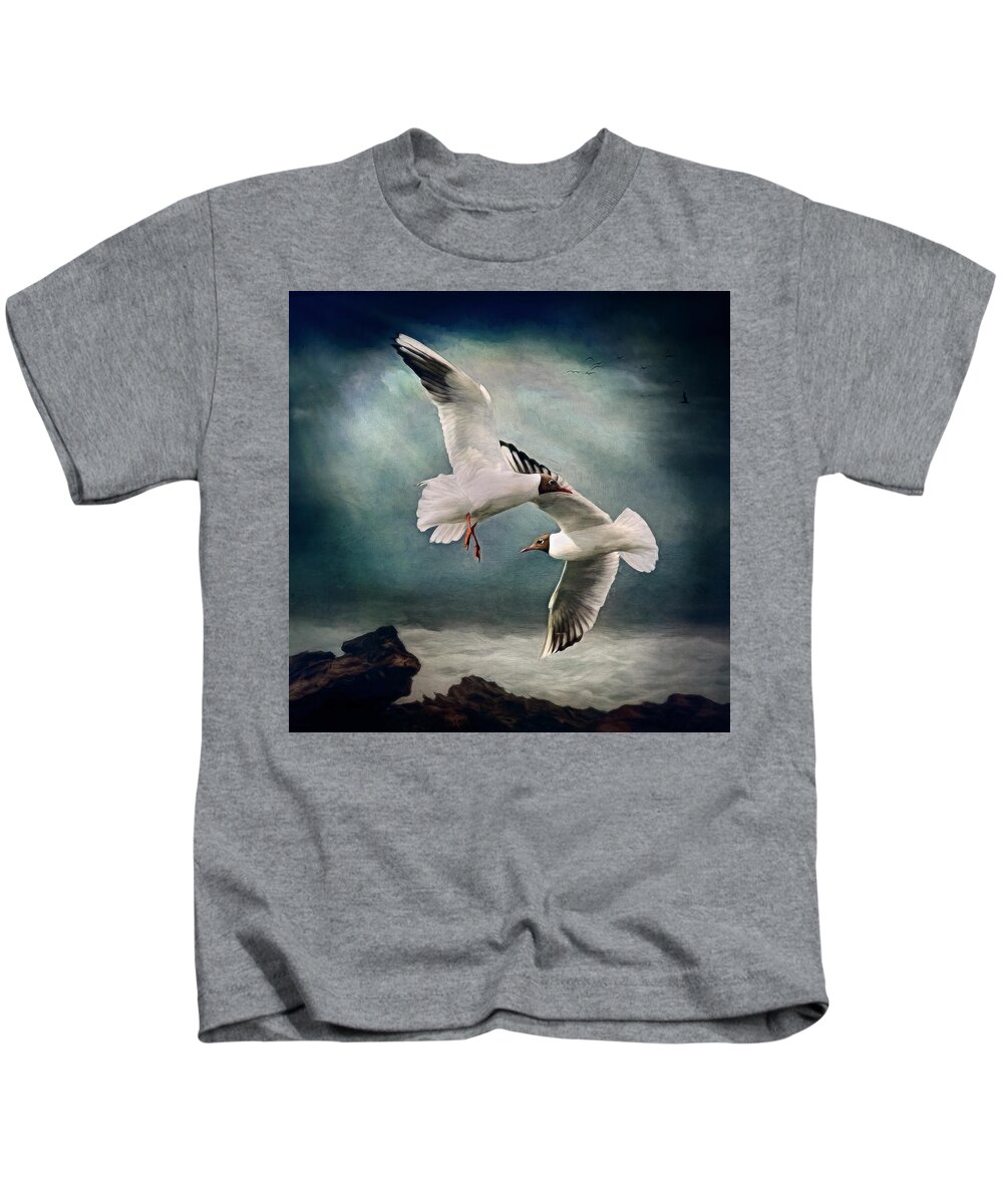 Gulls Kids T-Shirt featuring the digital art Black Headed Gulls by Maggy Pease