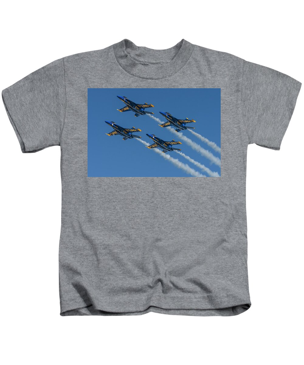 Plane Kids T-Shirt featuring the photograph Blue Angels Diamond Formation by Joe Paul