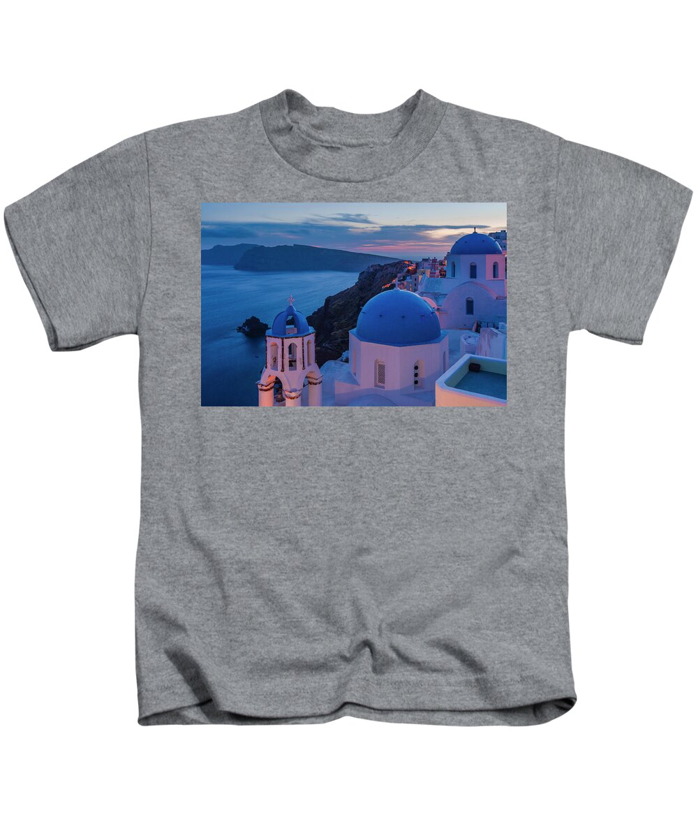 Aegean Sea Kids T-Shirt featuring the photograph Blue Domes Of Santorini by Evgeni Dinev