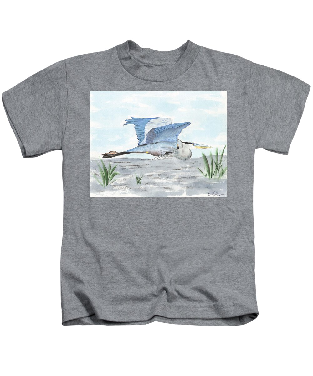 Blue Heron In Flight Kids T-Shirt featuring the painting Blue Heron In Flight by Bob Labno