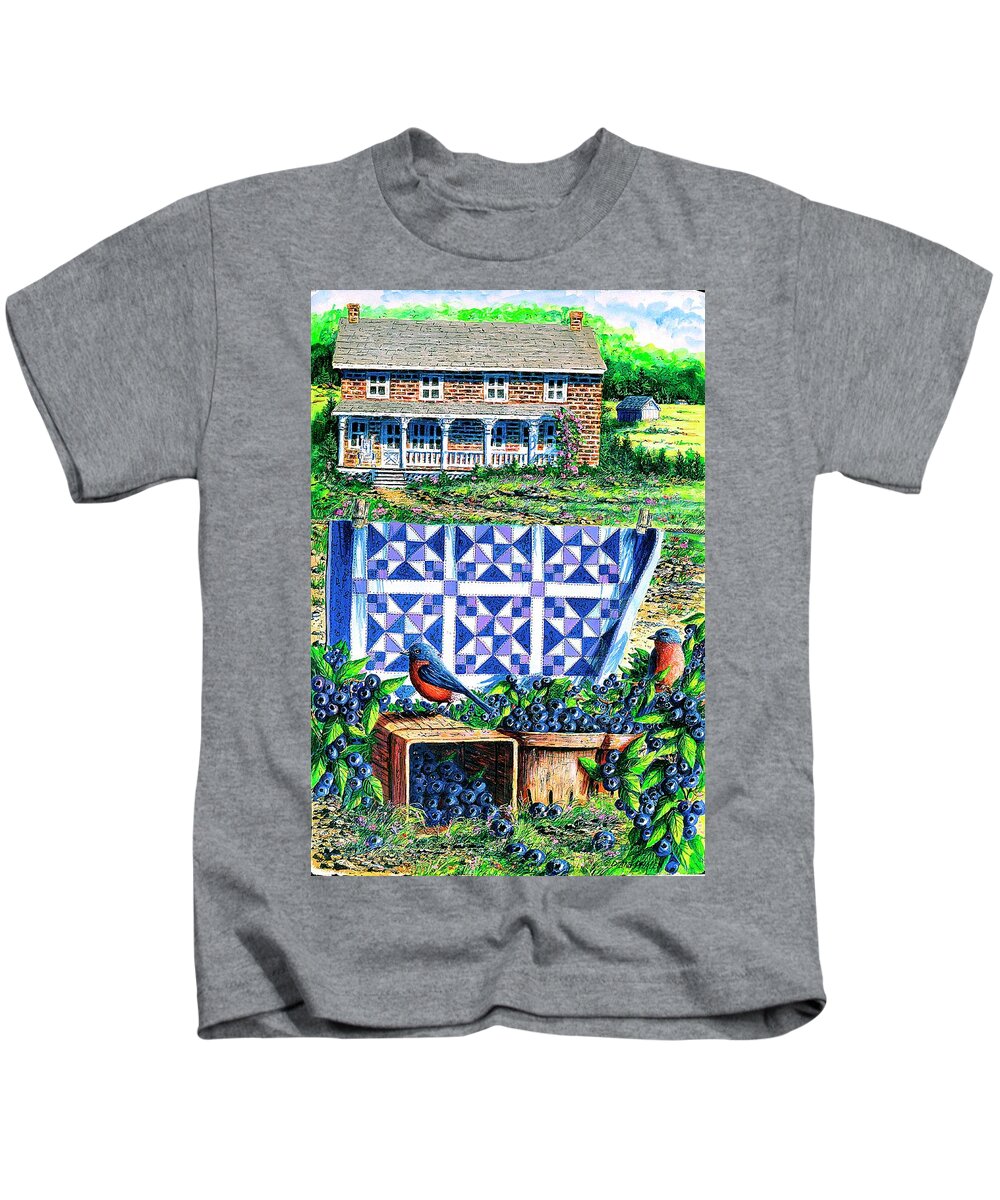 Blueberries Kids T-Shirt featuring the painting Bluebirds and Blueberries by Diane Phalen