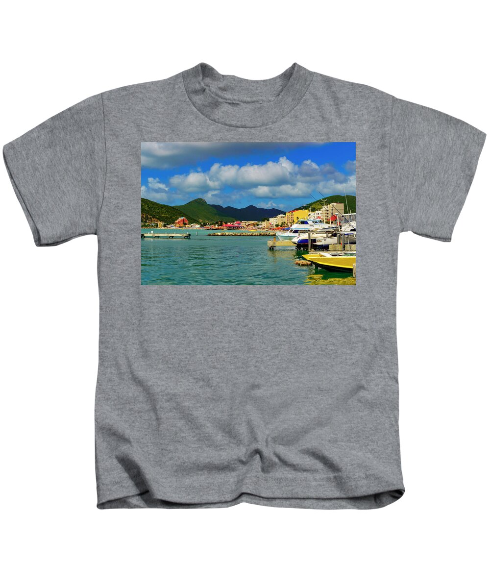 Boats; Travel; Color; Skies; Clouds; Water; Landscape Kids T-Shirt featuring the photograph Boats in Saint Maarten by AE Jones