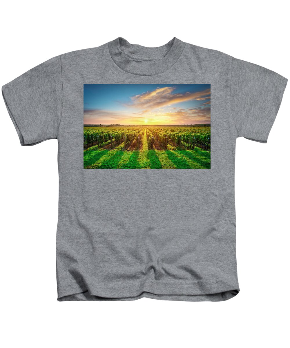 Bolgheri Kids T-Shirt featuring the photograph Bolgheri vineyards at sunset by Stefano Orazzini