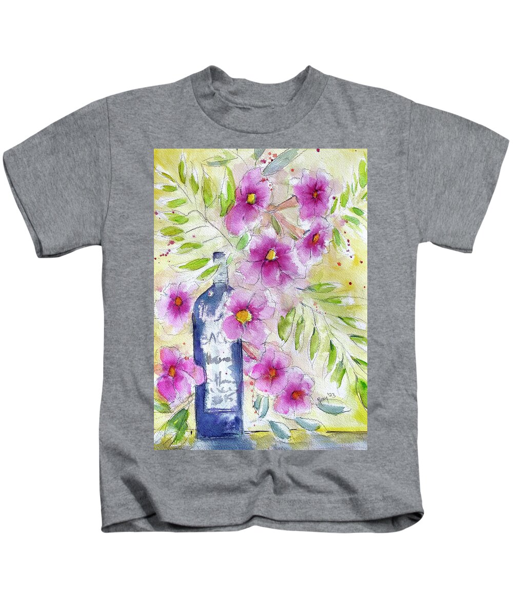 Wine Bottle Kids T-Shirt featuring the painting Bottle and Blooms by Roxy Rich