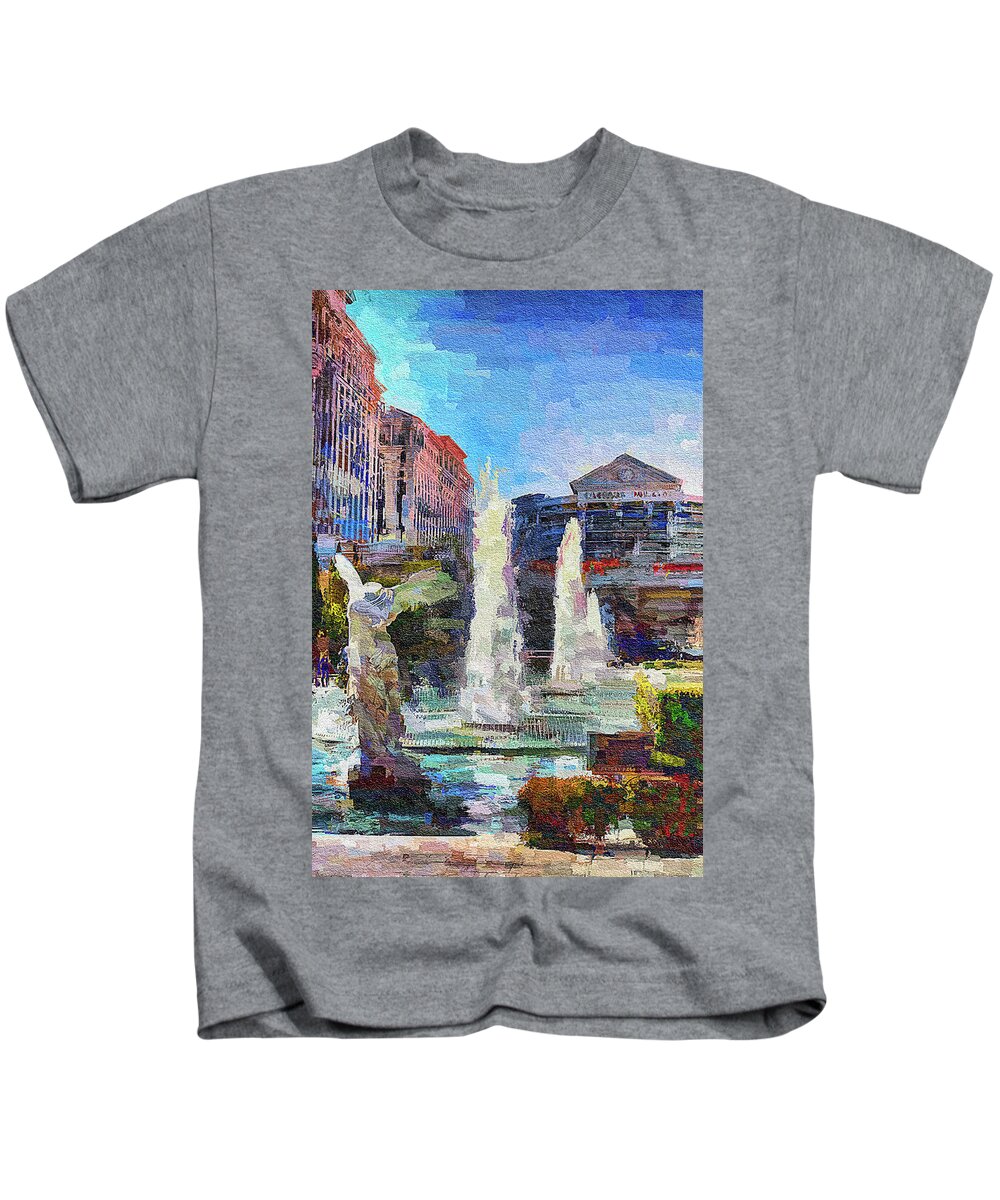 Caesars Palace Fountains Kids T-Shirt featuring the photograph Caesars Palace Fountains, Las Vegas by Tatiana Travelways