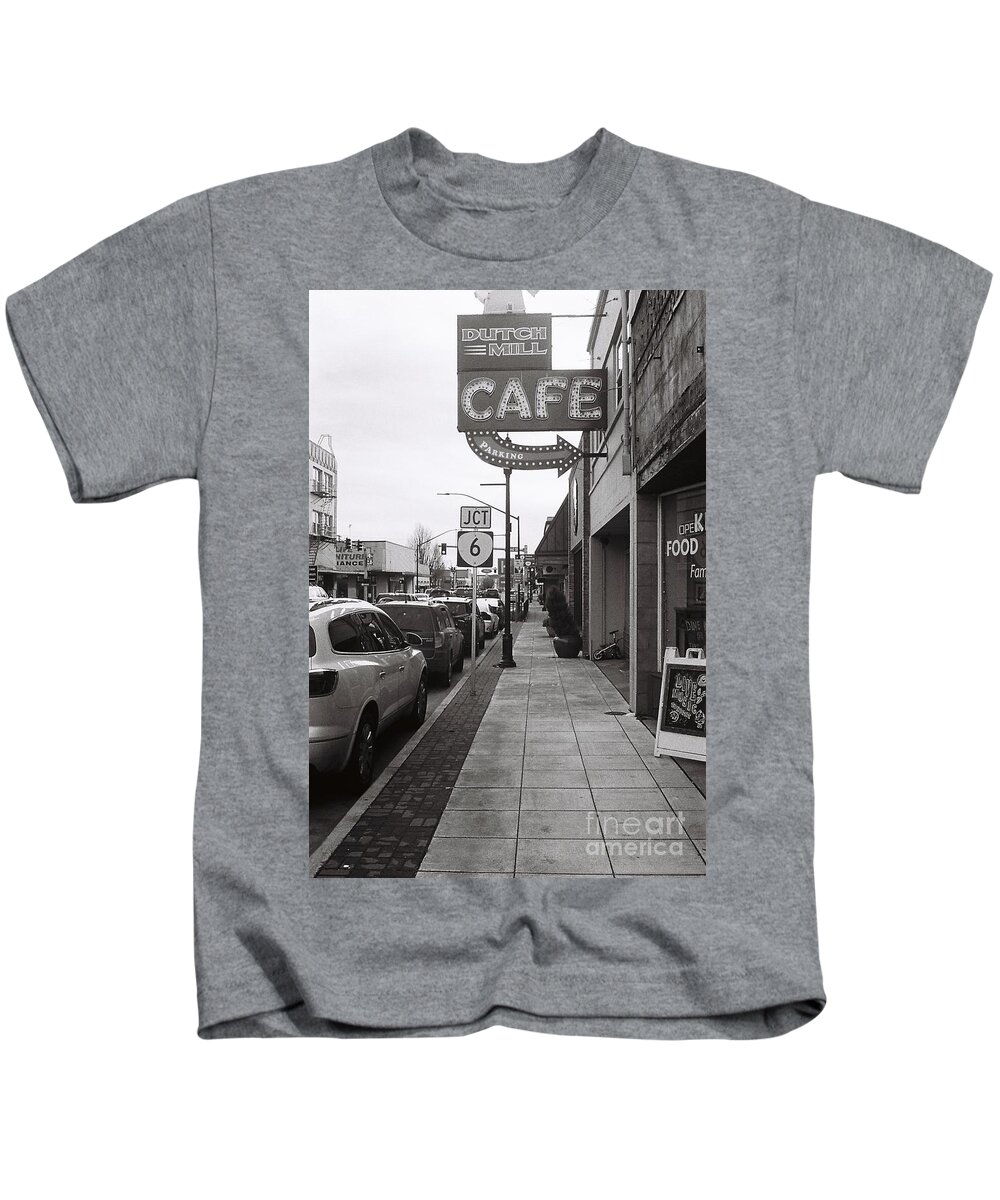Street Photography Kids T-Shirt featuring the photograph Cafe in Quiet Town by Chriss Pagani